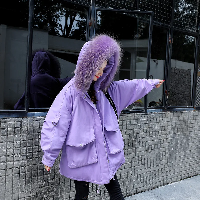 Повседневная парка цвета хаки и фиолетового Женская куртка зимнее пальто для