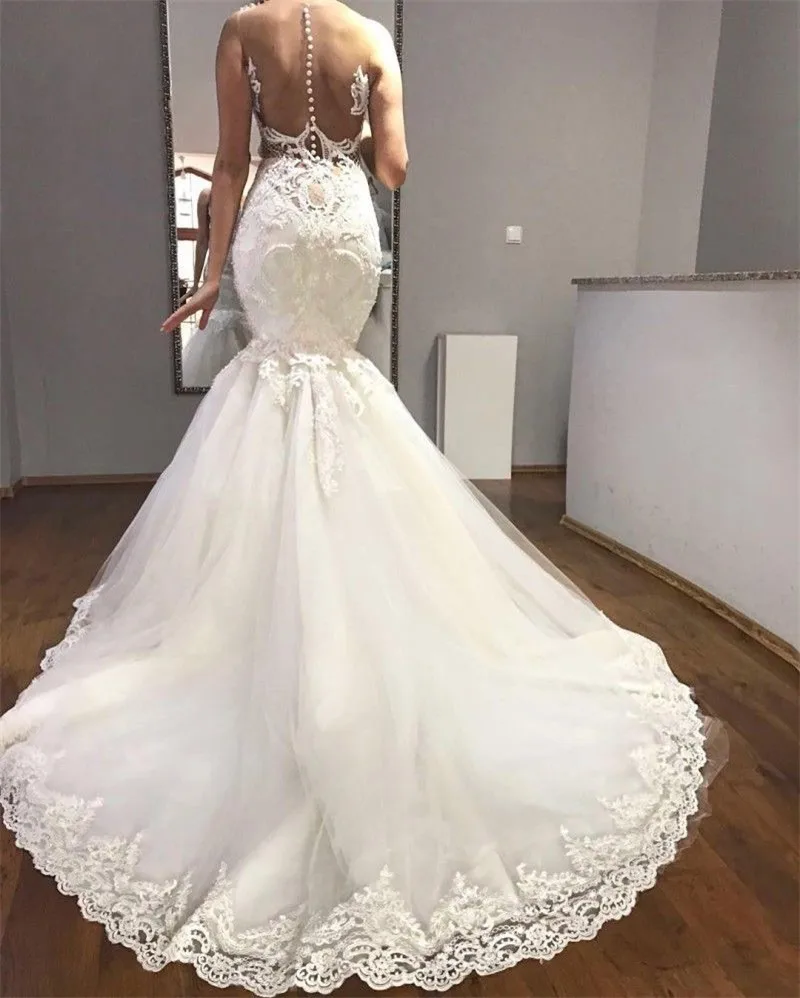 Gorgeous Tulle Lace Mermaid Wedding Dresses Sweetheart Nekcline Sheer Button Back vestidos de novia 2019
Gorgeous Tulle Lace Mermaid Wedding Dresses Sweetheart Nekcline Sheer Button Back vestidos de novia 2019