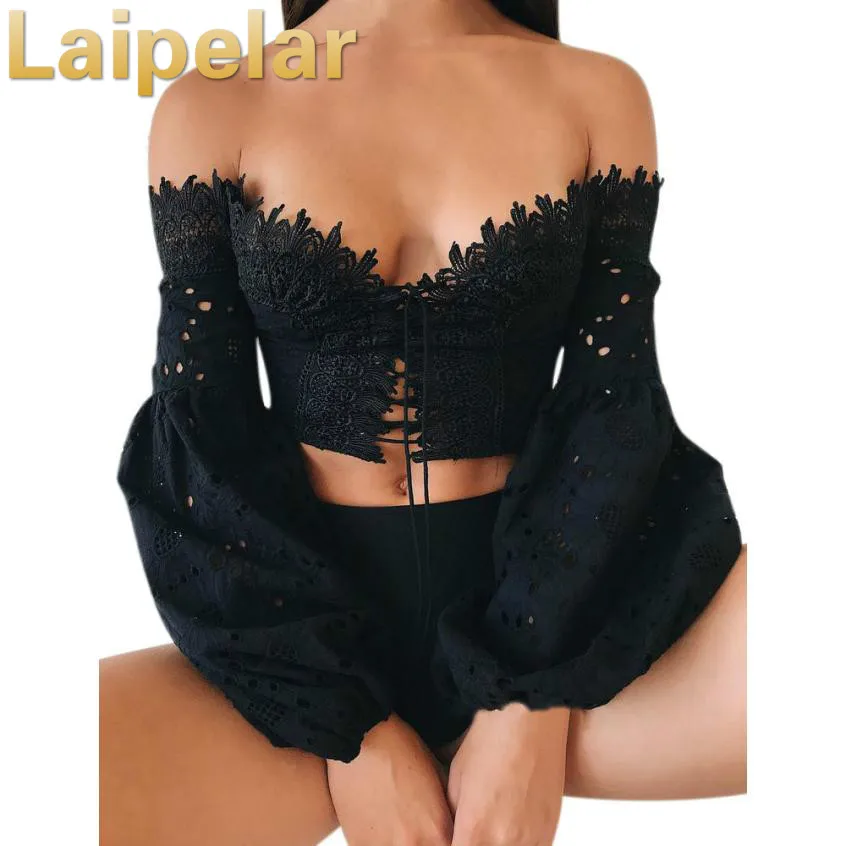 Laipelar Women Lace Tops Slash Neck Shirt Off the Shoulder T-shirt Solid Long Flare Sleeve Ruffle Crop Tops Hollow Out Blusas
Laipelar Women Lace Tops Slash Neck Shirt Off the Shoulder T-shirt Solid Long Flare Sleeve Ruffle Crop Tops Hollow Out Blusas