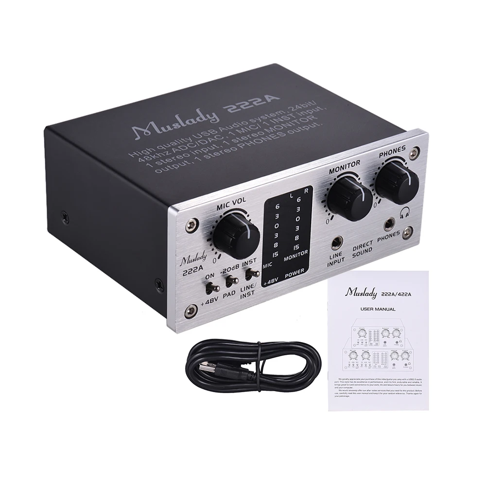 Внешняя звуковая карта Muslady 222A, 2 канала, интерфейс аудиосистемы USB + фантомное питание 48 В, источник питания 5 в постоянного тока
Внешняя звуковая карта Muslady 222A, 2 канала, интерфейс аудиосистемы USB + фантомное питание 48 В, источник питания 5 в постоянного тока