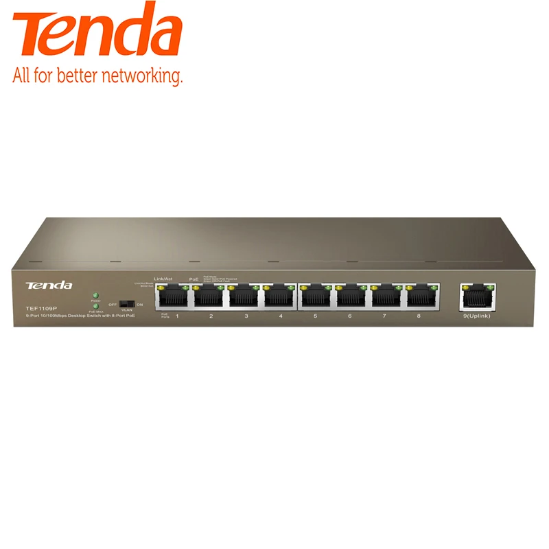 Tenda TEF1109P 8 63W сетевой коммутатор Ethernet 9 портовый 250 м долгосрочный стабильный