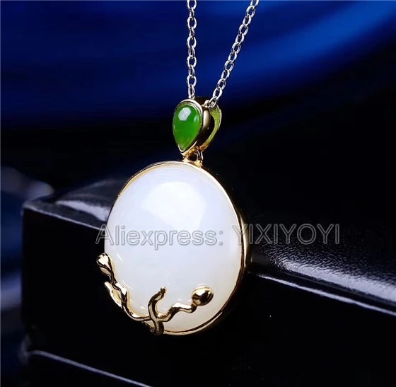 925 Sterling Silver White Green HeTian Jade Inlay Cute Dangle Lucky Pendant + Chain Necklace Charm Fine Jewelry Girl's Gift 
925 Sterling Silver White Green HeTian Jade Inlay Cute Dangle Lucky Pendant + Chain Necklace Charm Fine Jewelry Girl's Gift