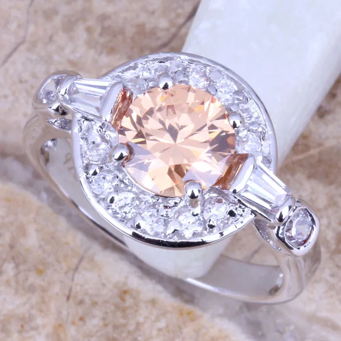 Отличное женское кольцо цвета шампанского Morganite белое CZ посеребренное Размер
