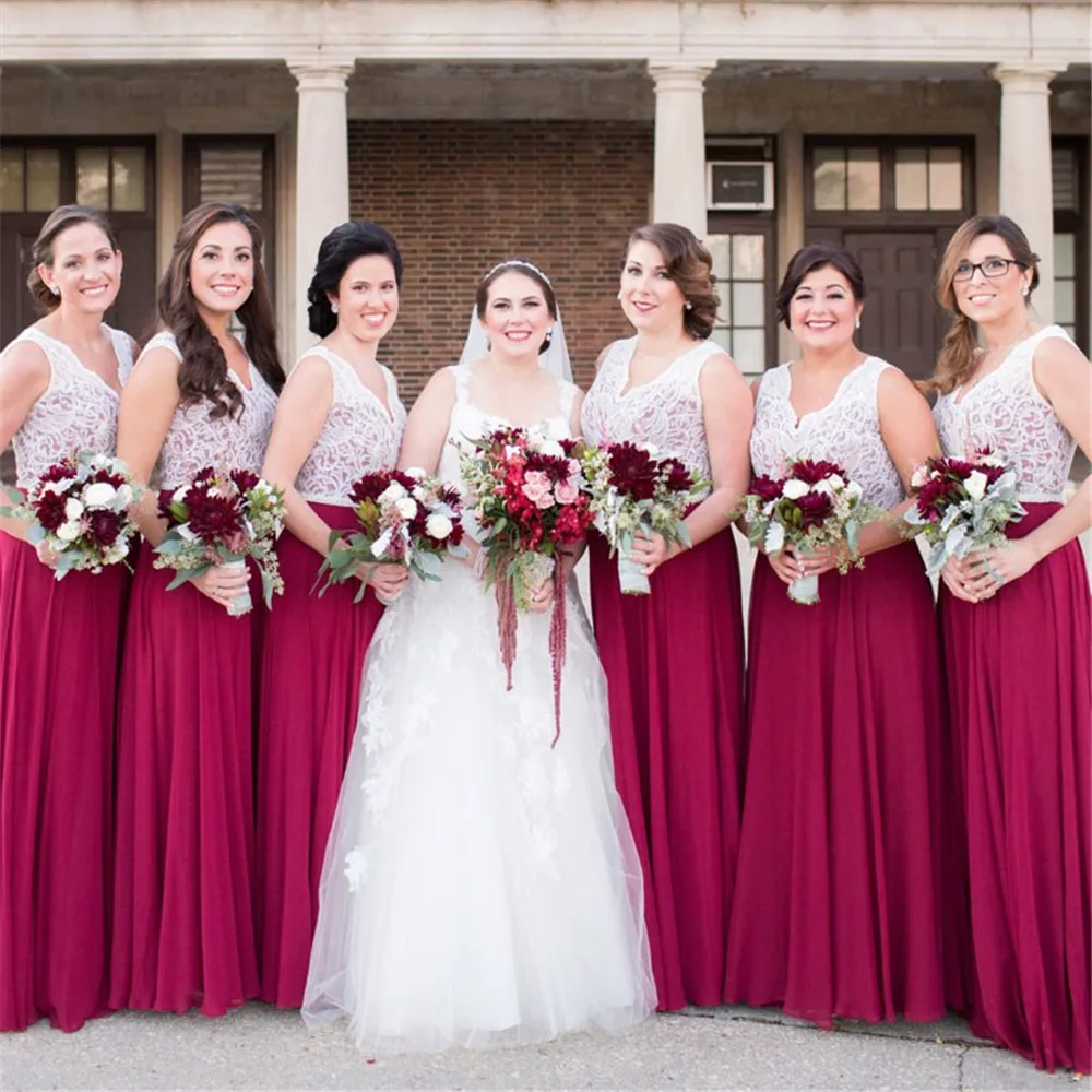 Elegant Red Chiffon Bridesmaid Dresses With White Lace V Neck A Line Floor Length Long Wedding Guest Dress 2019 Cheap Women Gown
Elegant Red Chiffon Bridesmaid Dresses With White Lace V Neck A Line Floor Length Long Wedding Guest Dress 2019 Cheap Women Gown