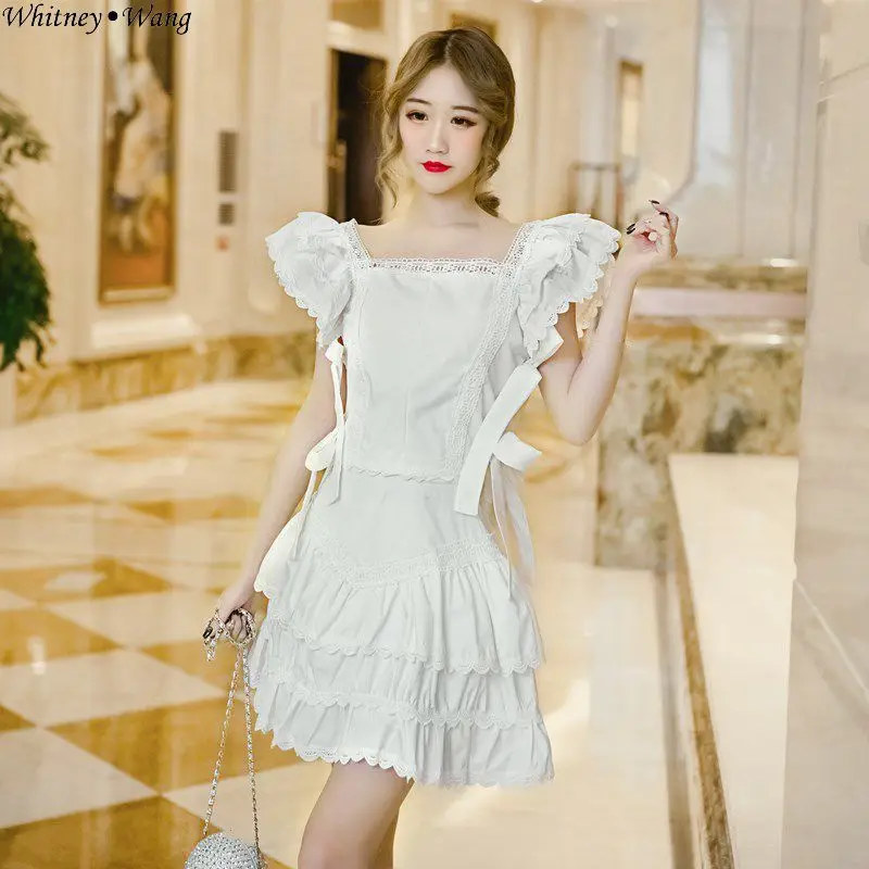 WHITNEY WANG 2019 летнее модное уличная винтажное стильное мини платье с оборками из 2