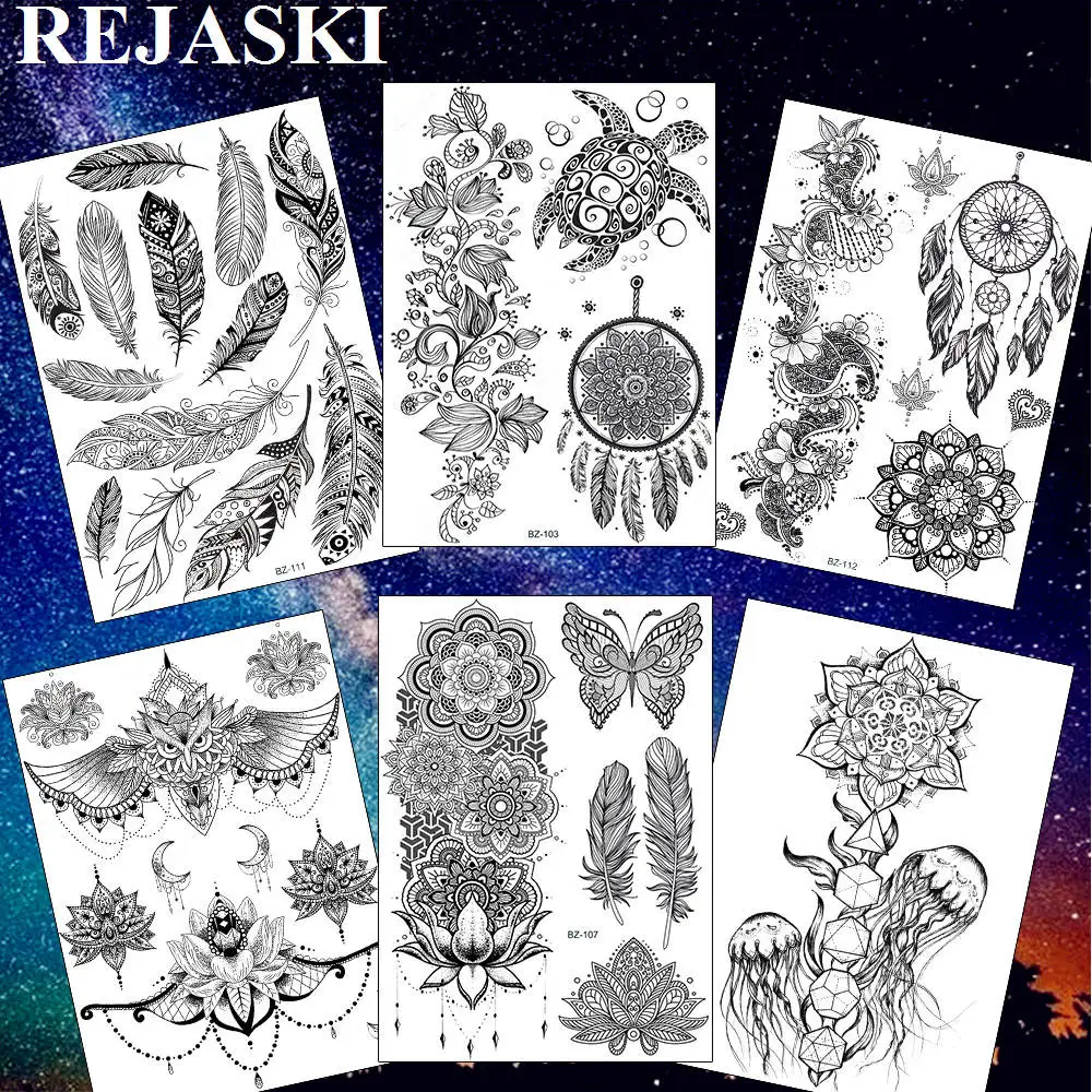 REJASKI Turtle Dream Catcher Rattan Temporary Tattoos For Women Sticker Black Henna Feather Lotus Fake Tatoos Waist Art Tattoo
REJASKI Turtle Dream Catcher Rattan Temporary Tattoos For Women Sticker Black Henna Feather Lotus Fake Tatoos Waist Art Tattoo