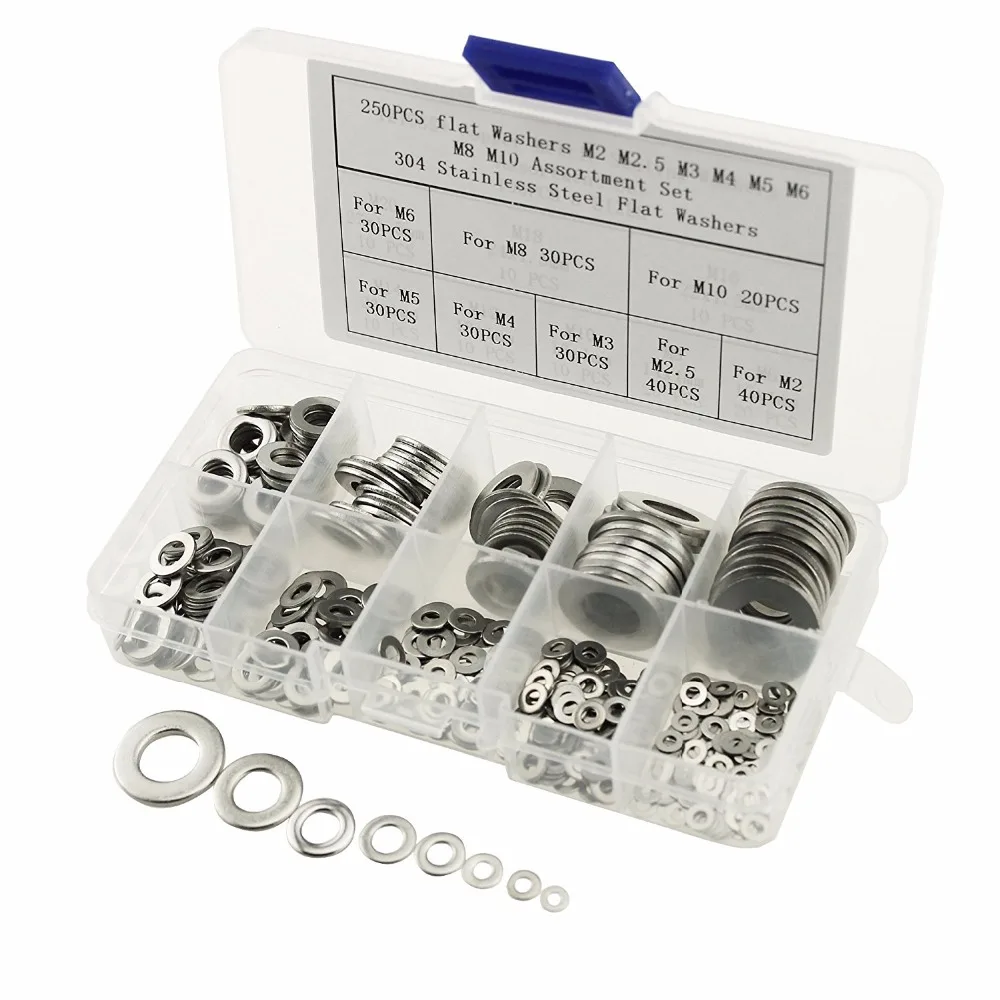 250 PCS Car Truck Stainless Steel Flat Washers Assortment Kit For M2 M2.5 M3 M4 M5 M6 M8 M10 Screws Bolt
250 PCS Car Truck Stainless Steel Flat Washers Assortment Kit For M2 M2.5 M3 M4 M5 M6 M8 M10 Screws Bolt