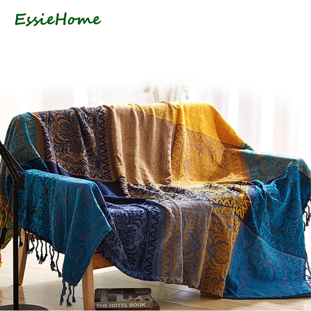 Одеяло для дивана ESSIE HOME синее ярко желтое в богемном стиле|blankets for sofa|sofa blanketchenille