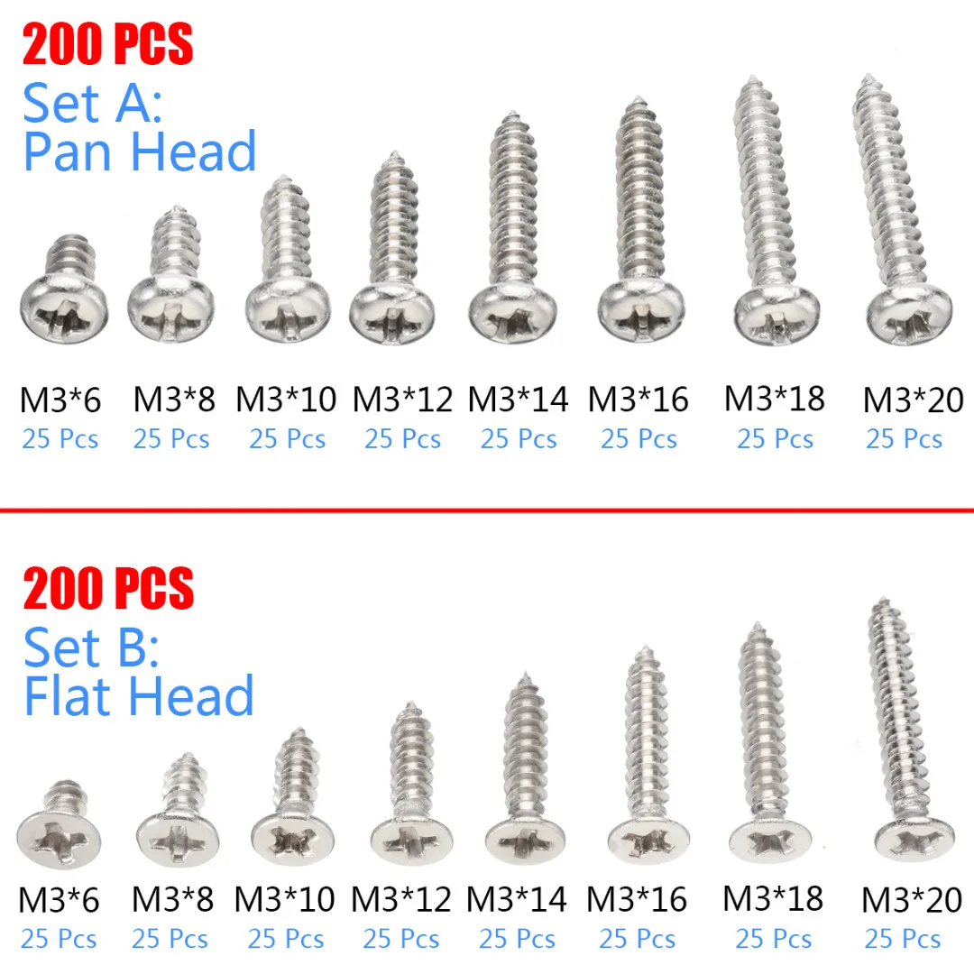 Durable 200Pcs Stainless Steel Flat Head Screws Kits Self-Tapping Screws Assortment Set For Wood Furniture Hardware Accessories
Durable 200Pcs Stainless Steel Flat Head Screws Kits Self-Tapping Screws Assortment Set For Wood Furniture Hardware Accessories