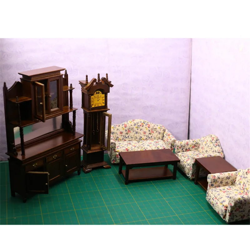 

Doub K 1:12 Wooden Furniture toy brown Miniature cabinet table sofa sets Dollhouse living room pretend play toys for girls dolls