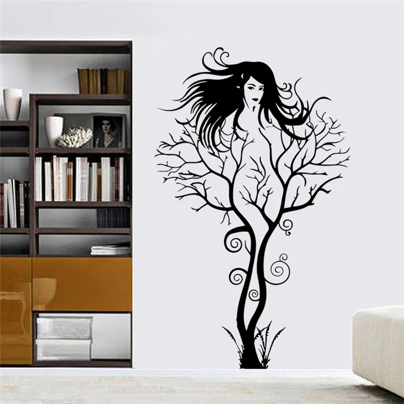 

Creative sexy girl fairies branch wall decals for bedroom removable decoration tree stickers diy vinyl art black