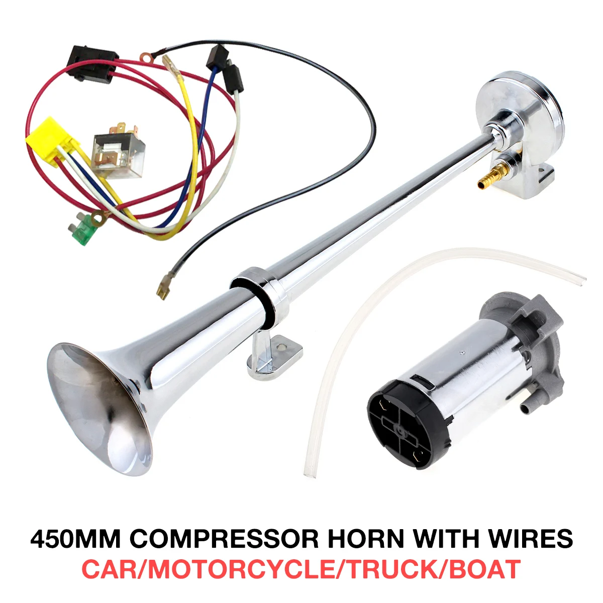 17 Inch 12V / 24V 150DB Super Loud 12V Single Trumpet Air Horn Compressor Kit for Cars / Boats / Motorcycles / Vehicles
17 Inch 12V / 24V 150DB Super Loud 12V Single Trumpet Air Horn Compressor Kit for Cars / Boats / Motorcycles / Vehicles
