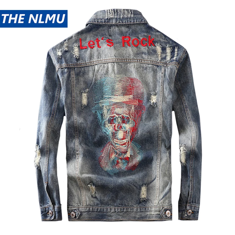 Мужская джинсовая куртка демисезонная потертая в стиле хип-хоп с черепами