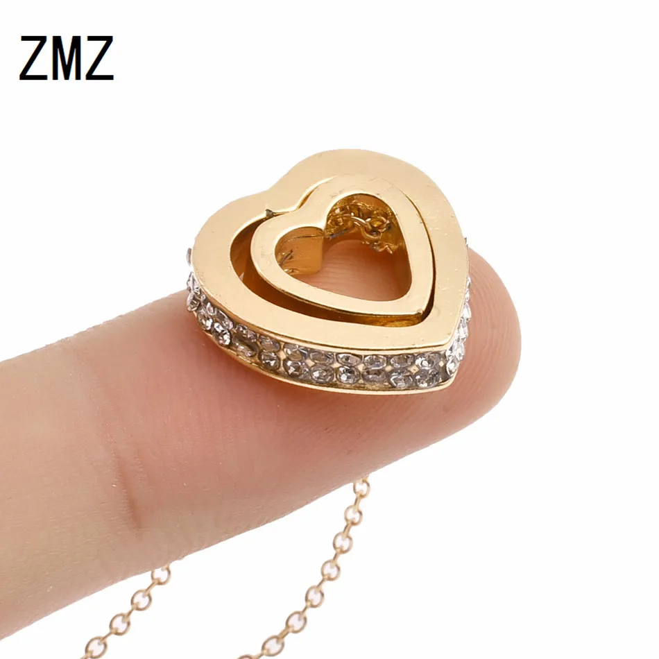 

ZMZ 50pcs/lot 2018 Europe/US fashion double heart shape pendant necklace with shinny stone bijou gift for mom party jewelry