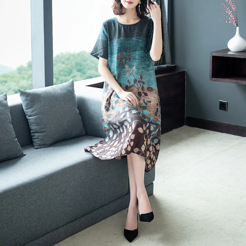Cotton and linen dress female summer new retro loose printed short-sleeved dress large size M-3XL high quality elegant vestidos
Cotton and linen dress female summer new retro loose printed short-sleeved dress large size M-3XL high quality elegant vestidos