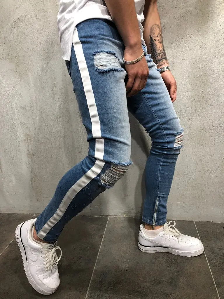 2019 new Knee Hole Side Zipper Slim Distressed Jeans Men Ripped tore up streetwear hiphop For Men slim stripe pants
2019 new Knee Hole Side Zipper Slim Distressed Jeans Men Ripped tore up streetwear hiphop For Men slim stripe pants