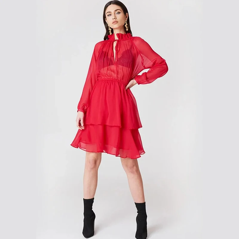 2019 summer new women's chiffon dress high collar strap long sleeve dress red black dress
2019 summer new women's chiffon dress high collar strap long sleeve dress red black dress