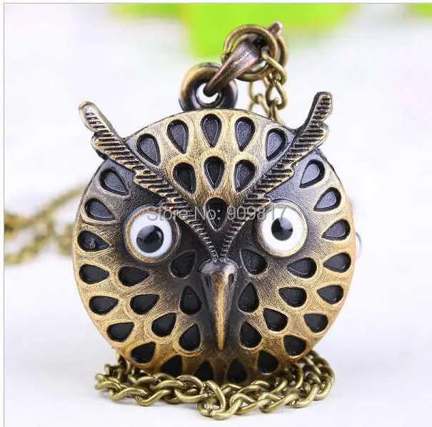 Retro classic quartz Unique design owl pendant Pocket watch necklace bronze steampunk
