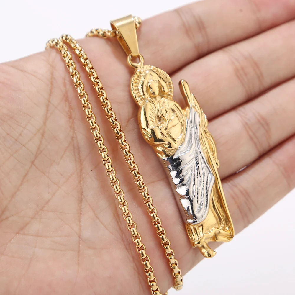 

60cm Stainless Steel St. Jude Thaddeus Pray For Us Religious Charm Pendant with 2mm Box Chain Necklace