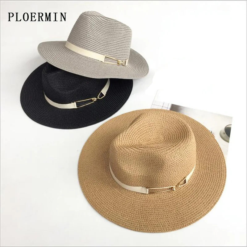 

PLOERMIN Summer Straw Fashion Jazz Hat For Women Outdoor Lady Wide Brim Fedora Panama Cap Ribbon Decoration Holiday Beach Hats
