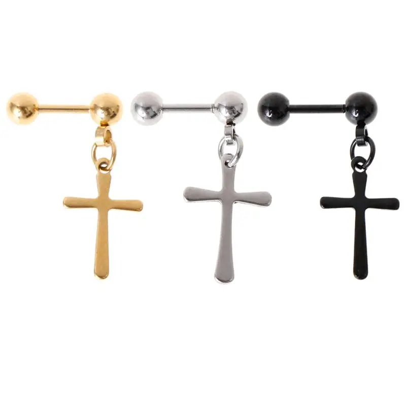 1pc Punk Earrings Cross Pendant Barbell Charms Dangle Women Men Male Jewelry Ear Stud Gifts Anti Allergy Titanium Steel Personal | Украшения
