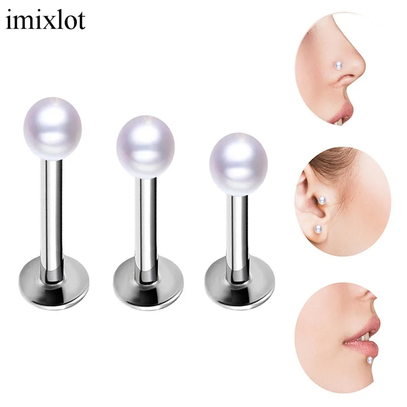 imixlot Stainless Steel Imitation Pearl Body Piercing For Women Men Nose Ear Lip Tongue Single Puncture Flesh Tunnels Jewelry | Украшения и