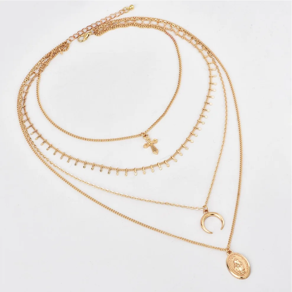 Four layers necklace Cross pendant Chain choker Oval-shaped Virgin Mary Madonna Pendant Gold color for Lady gift | Украшения и