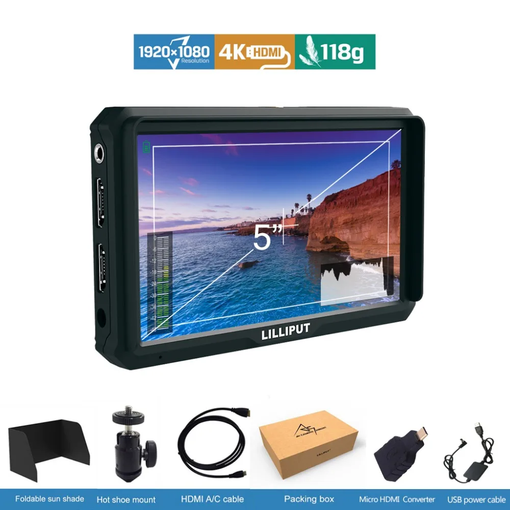 Видеомонитор Lilliput A5 5 дюймов ультратонкий IPS Full HD 1920x1080 4K HDMI для камеры Canon Nikon Sony DSLR