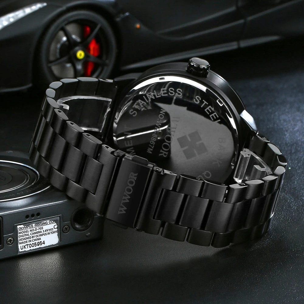 2018 креативный 3D череп мужские часы бренд WWOOR Роскошные полностью стальные черные