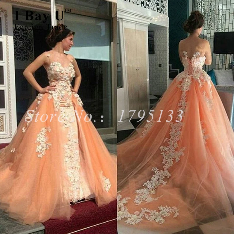 Gorgeous Puffy Abendkleider Lace Formal Evening Dresses with Detachable Train Arabic Evening Ball Gowns Long Evening Dress 2020
Gorgeous Puffy Abendkleider Lace Formal Evening Dresses with Detachable Train Arabic Evening Ball Gowns Long Evening Dress 2020