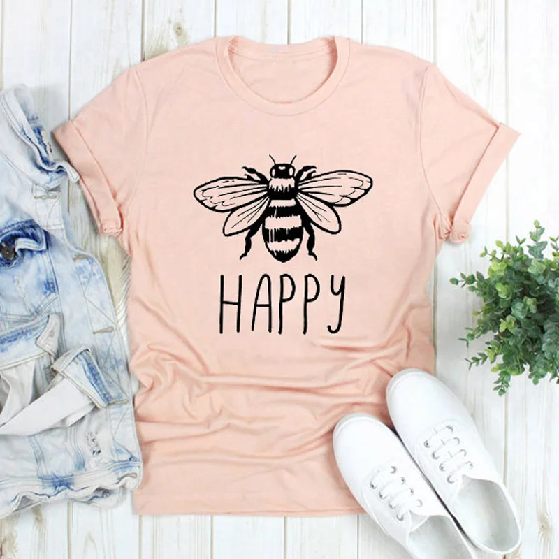 Пчела счастливым футболка Повседневное летняя с круглым вырезом вдохновляющие