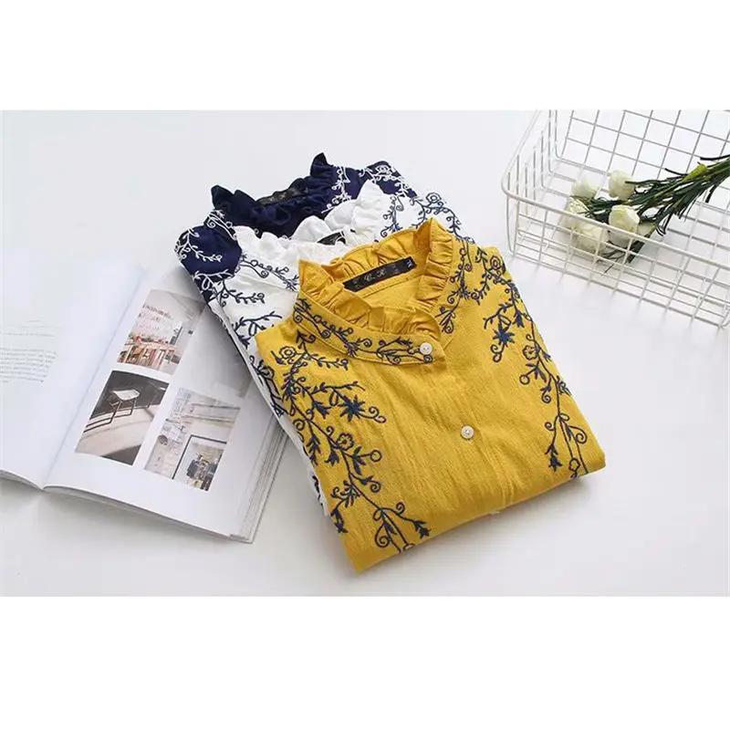 Plus Size Womens Cotton Linen Blouse Casual Loose Embroidery Ruffle Collar Fashion Shirt Tops Spring Fall Women Clothes 4XL f870
Plus Size Womens Cotton Linen Blouse Casual Loose Embroidery Ruffle Collar Fashion Shirt Tops Spring Fall Women Clothes 4XL f870