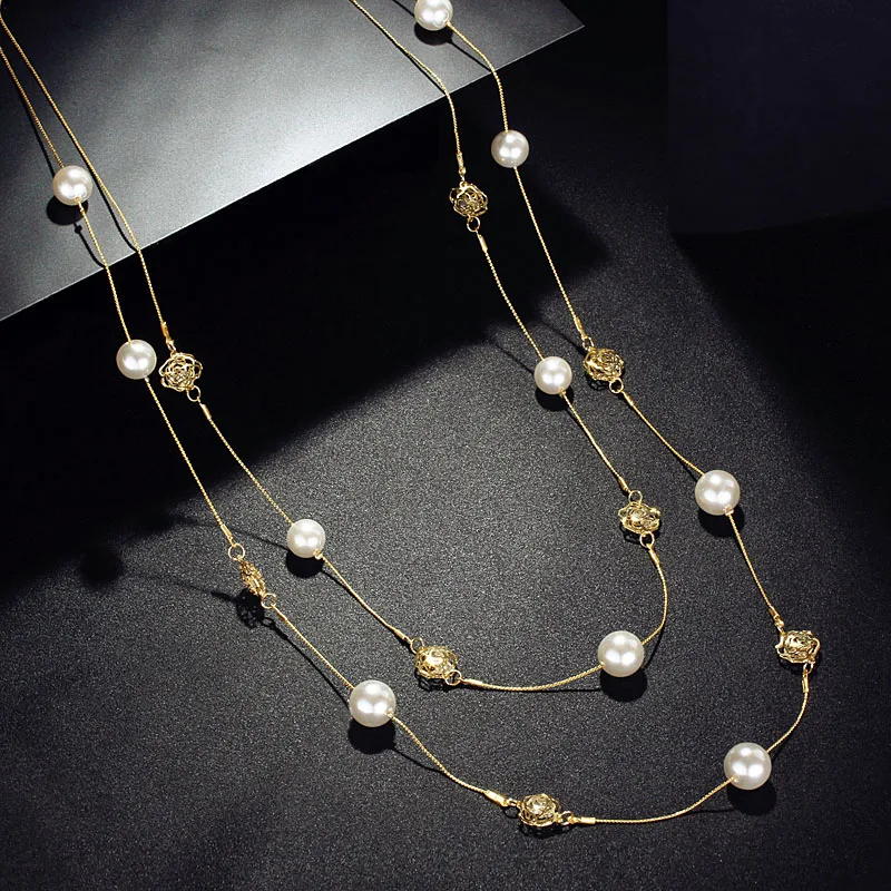 Fashion simulated Pearl Long Necklace Double Layers Chain Gold tone rose flower inside Crystals Women Jewelry Statement party
Fashion simulated Pearl Long Necklace Double Layers Chain Gold tone rose flower inside Crystals Women Jewelry Statement party