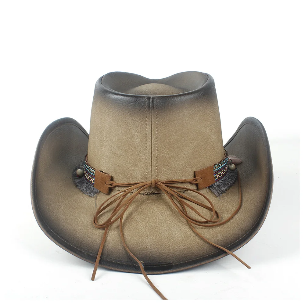 Women's Men's Winter Leather Cowboy Western Cowgirl Fedora Hat Tassel Turquoise Bead Band | Аксессуары для одежды