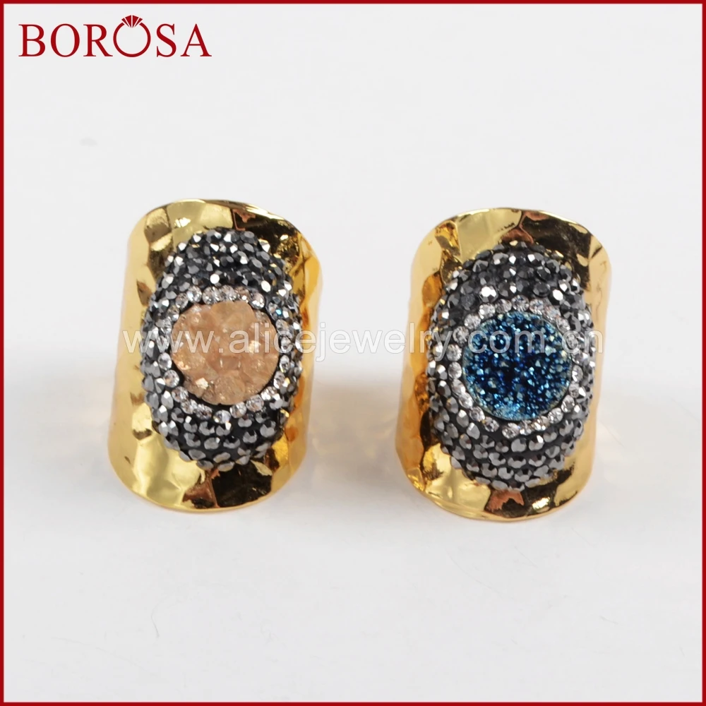 

Кольцо с кристаллами BOROSA Druzy для оптовой продажи, стразы с розами, друза титана, натуральный кристалл, Золотое кольцо для женщин JAB680