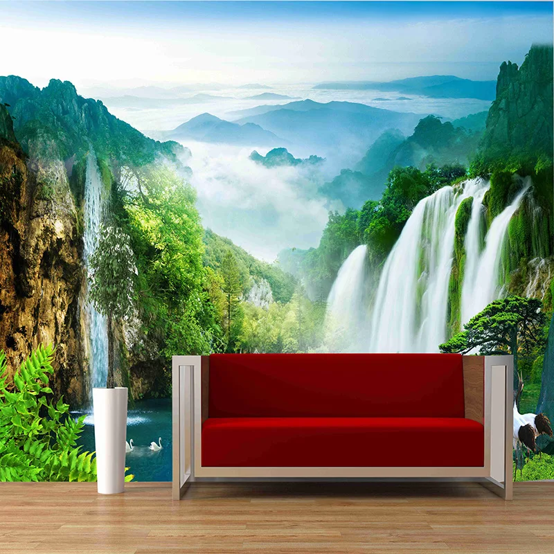 Customized mural large 3D Chinese style landscape with waterfall mountain boat behind TV sofa as background in living room
Customized mural large 3D Chinese style landscape with waterfall mountain boat behind TV sofa as background in living room