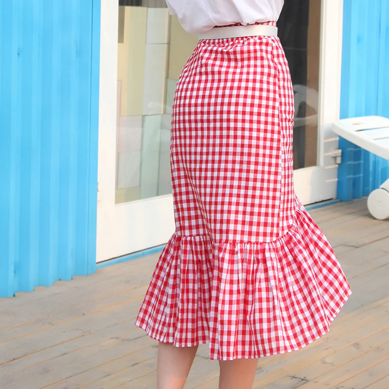 2017 Summer Vintage Red Plaid Skirt Slim High Rise Ruffles Bottom Irregular Cutting Pencil S Elastic Waist Thin Fabric
2017 Summer Vintage Red Plaid Skirt Slim High Rise Ruffles Bottom Irregular Cutting Pencil S Elastic Waist Thin Fabric