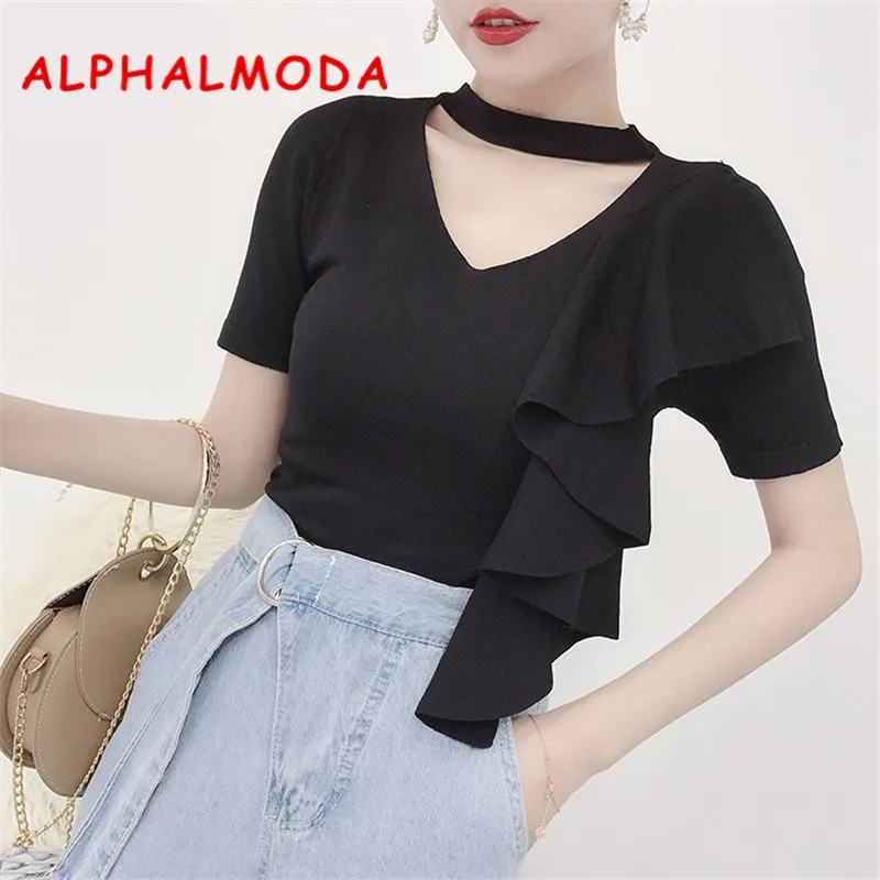 Женский трикотажный джемпер ALPHALMODA с оборками v-образным вырезом на лето | Женская