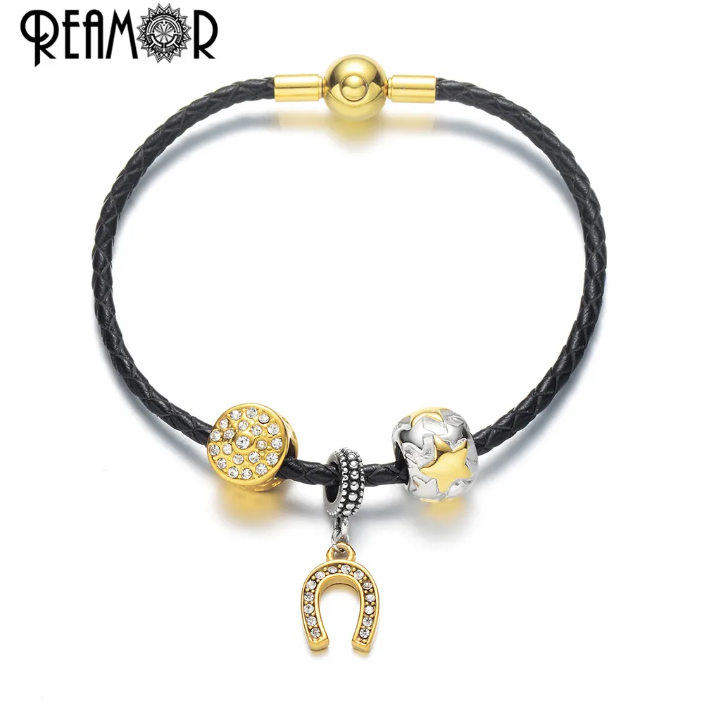 REAMOR Stainless Steel Gold Color Lucky Horseshoe Charms Bracelet Women Genuine Leather Braided Bracelet Bangles DIY Jewelry
REAMOR Stainless Steel Gold Color Lucky Horseshoe Charms Bracelet Women Genuine Leather Braided Bracelet Bangles DIY Jewelry