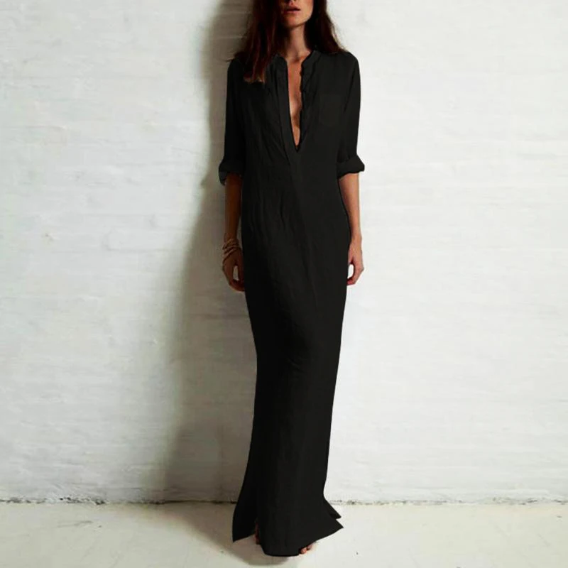 Women Sexy Casual Shirt Dress Long Sleeve Deep V-neck Split Solid Long Maxi Dress
Women Sexy Casual Shirt Dress Long Sleeve Deep V-neck Split Solid Long Maxi Dress