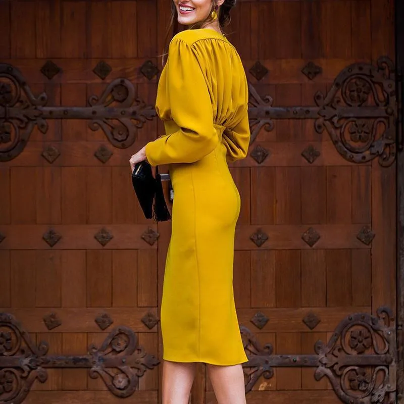 Yellow Elegant Bodycon Office Ladies Dress Long Sleeves Draped V Neck Sexy Women Dress
Yellow Elegant Bodycon Office Ladies Dress Long Sleeves Draped V Neck Sexy Women Dress