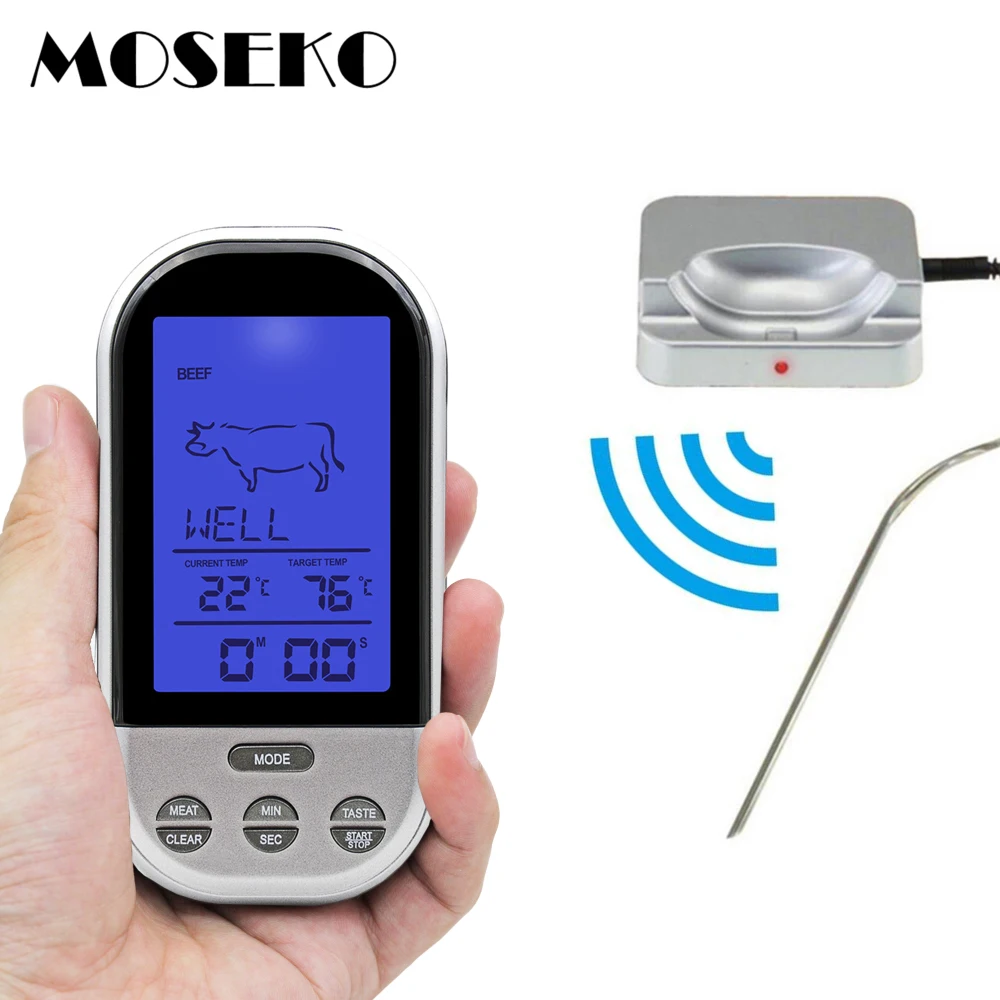 

MOSEKO Wireless Remote Digital Backlight BBQ Thermometers Oven Grill Meat Cooking Probe Food Kitchen Thermometer With Timer