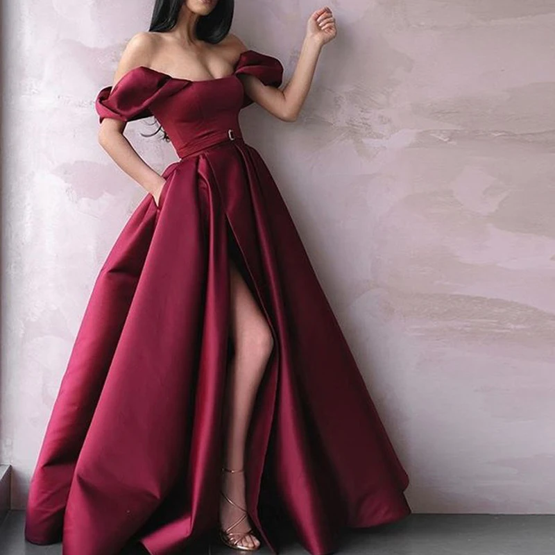 Elegant off the shoulder burgundy formal women evening dresses long, long a-line satin prom dresses ball gowns with slit 2019
Elegant off the shoulder burgundy formal women evening dresses long, long a-line satin prom dresses ball gowns with slit 2019
