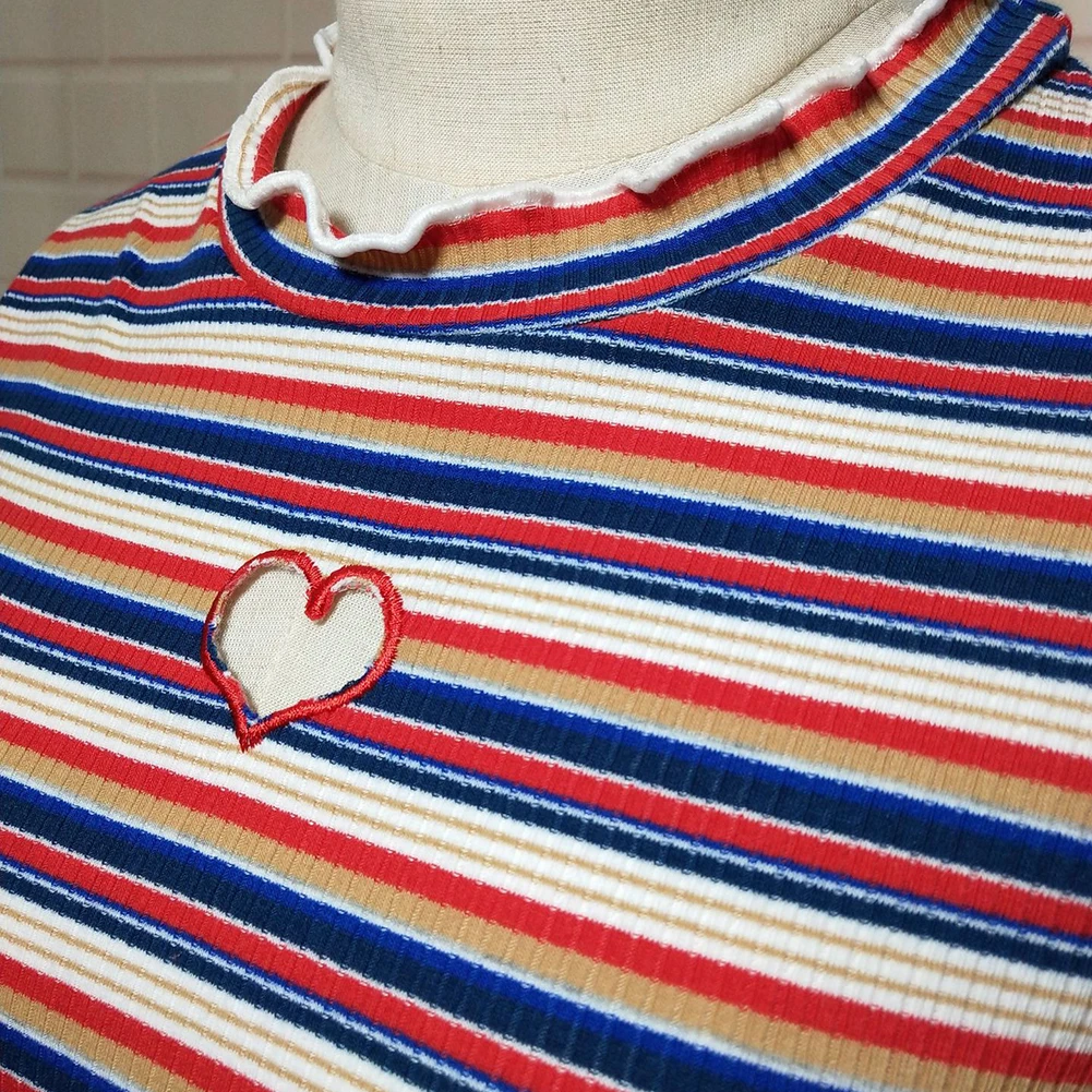 2020 Summer Love Embroidered Color Stripe T-Shirt Short Sleeve Ruffle Collar Slim Thin Top Women Casual Trendy T Shirts
2020 Summer Love Embroidered Color Stripe T-Shirt Short Sleeve Ruffle Collar Slim Thin Top Women Casual Trendy T Shirts