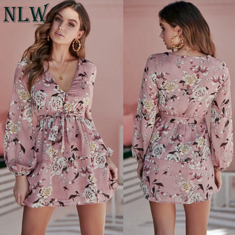 NLW Feminino цветочное богемное платье с бантом повседневное зимнее женское длинным
