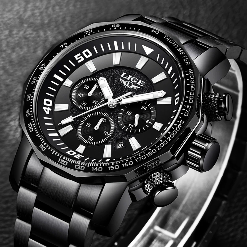 Lige мужские часы модные бизнес спортивные лучший бренд класса люкс Полный сталь