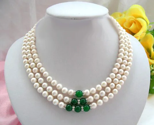 

Fashion new design vogue popular 3rows 7-8mm round white freshwater pearls Beautiful necklace 17"-20