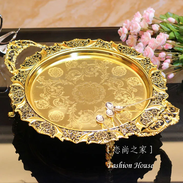 42cm round gold black embossed metal tray storage tray with handle decorative serving trays bandeja madera food tray SG079
42cm round gold black embossed metal tray storage tray with handle decorative serving trays bandeja madera food tray SG079