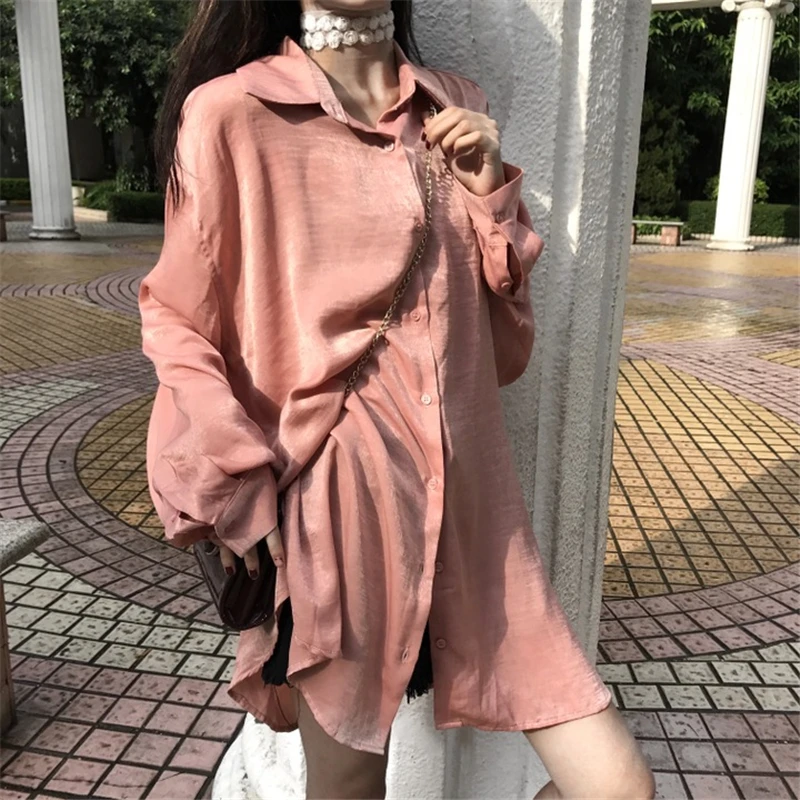 Rugod Korean Sweet Pink Silk Dress 2019 Women Autumn Turn-down Collar Long Sleeve Female Casual Shirt Vestidos | Женская одежда
