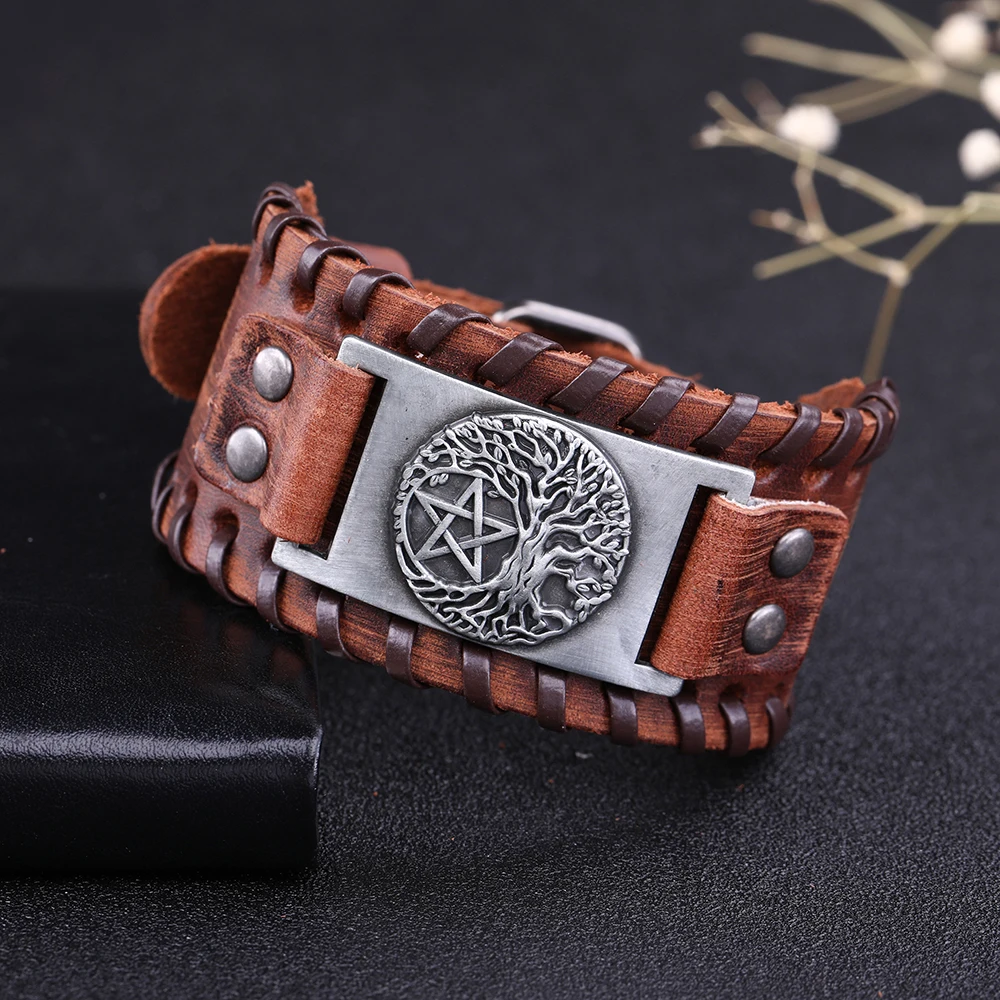 LIKGREAT Tree of Life подвеска с пентаграммой браслет для мужчин кожа Wicca винтажные